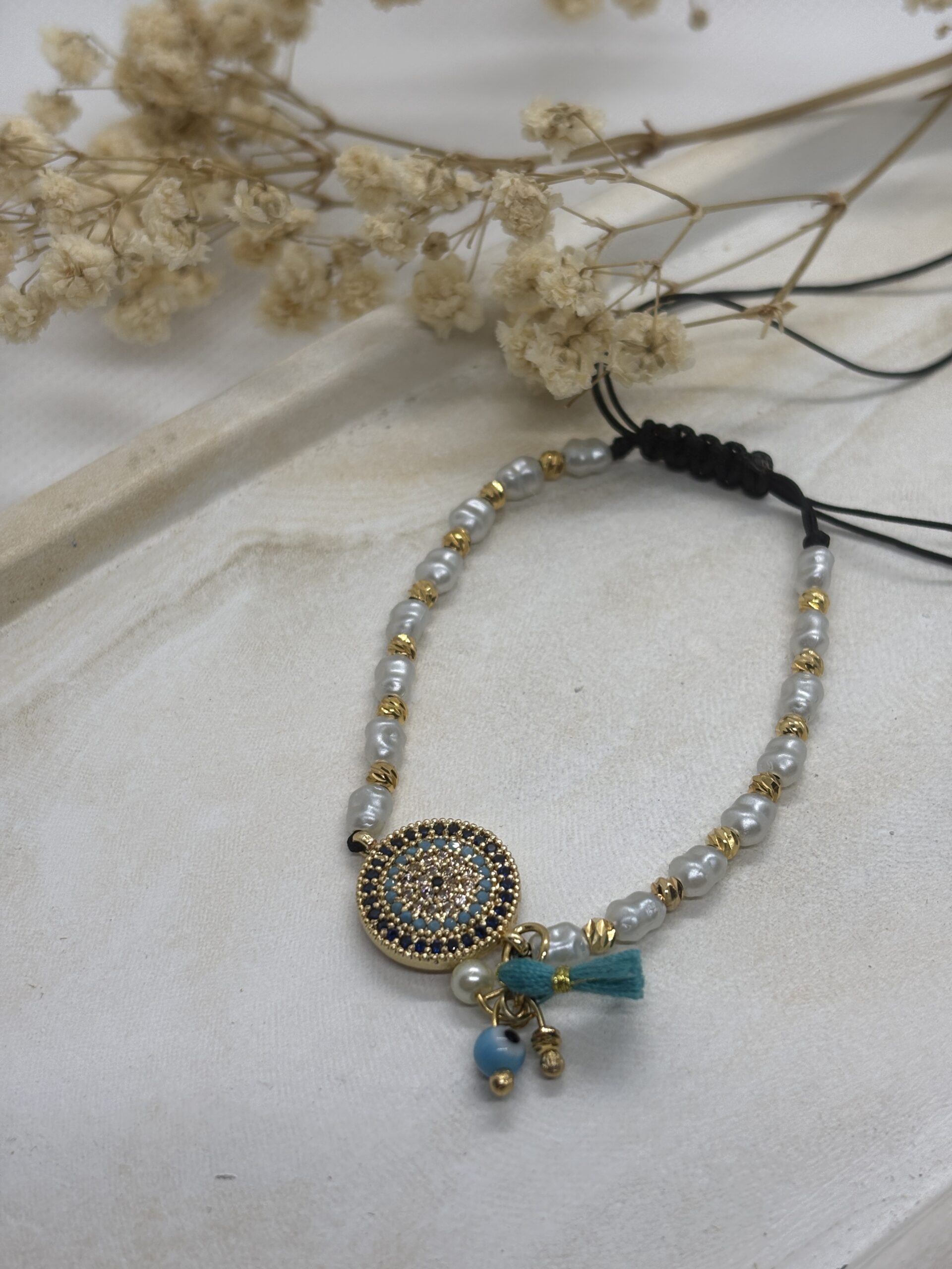 Pulsera Ojo Turco Con Perlas Ajustable