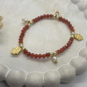 Pulsera Piedras Naranja y Perlas Libelulas Elastica