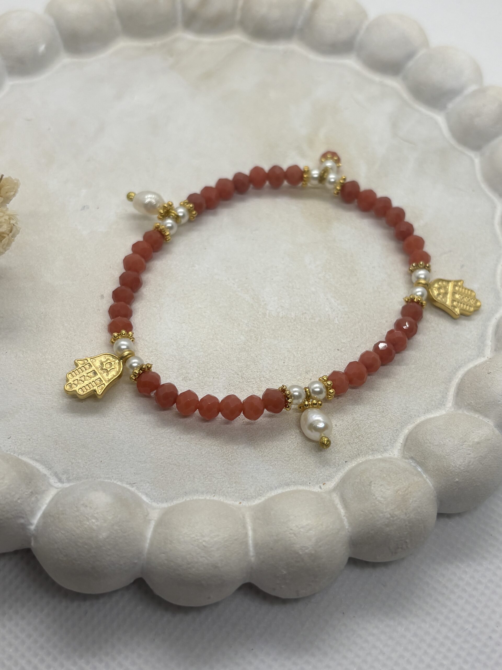 Pulsera Piedras Naranja y Perlas Elastica